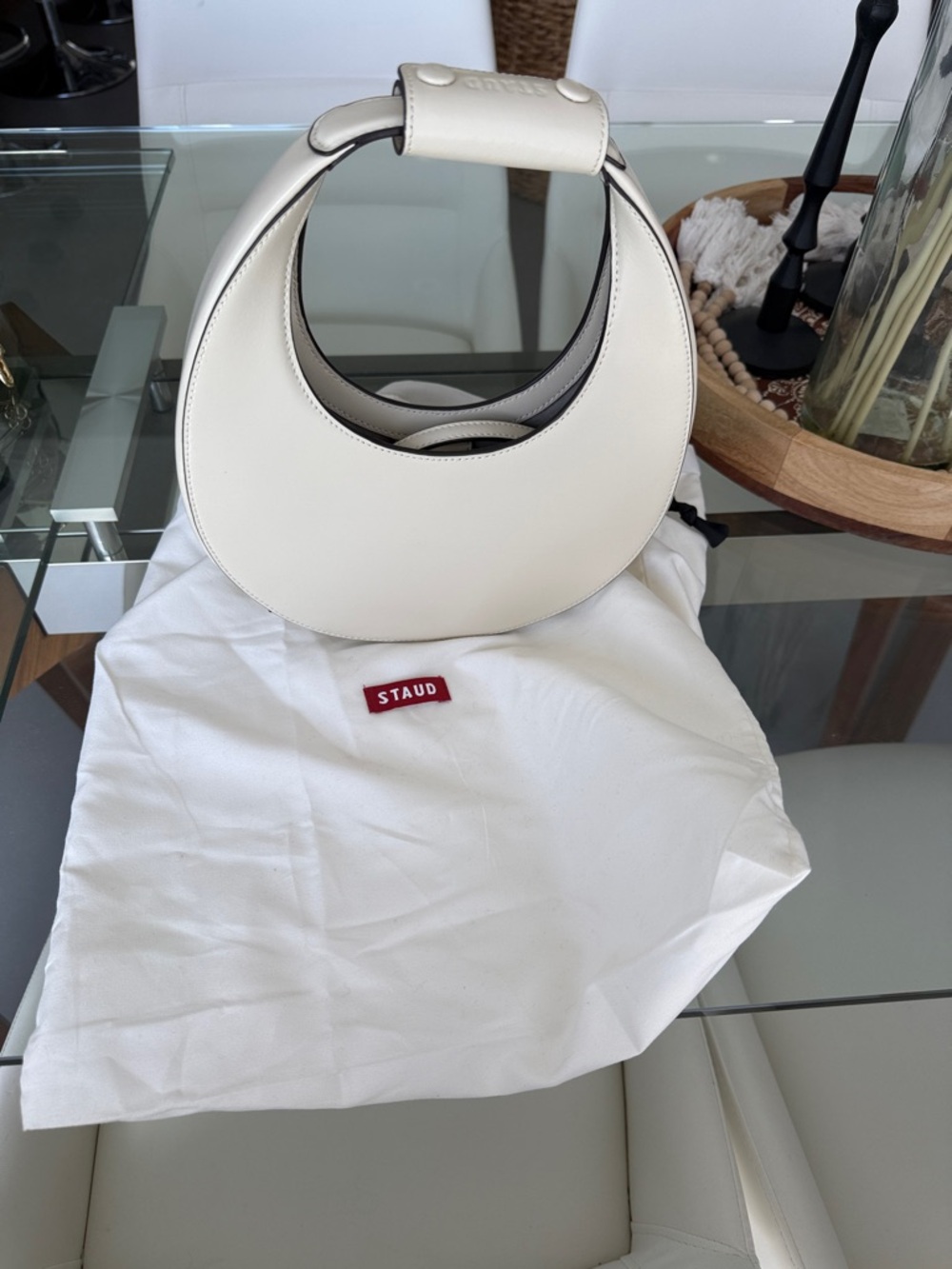 STAUD Cream Crescent Leather Mini Shoulder Bag